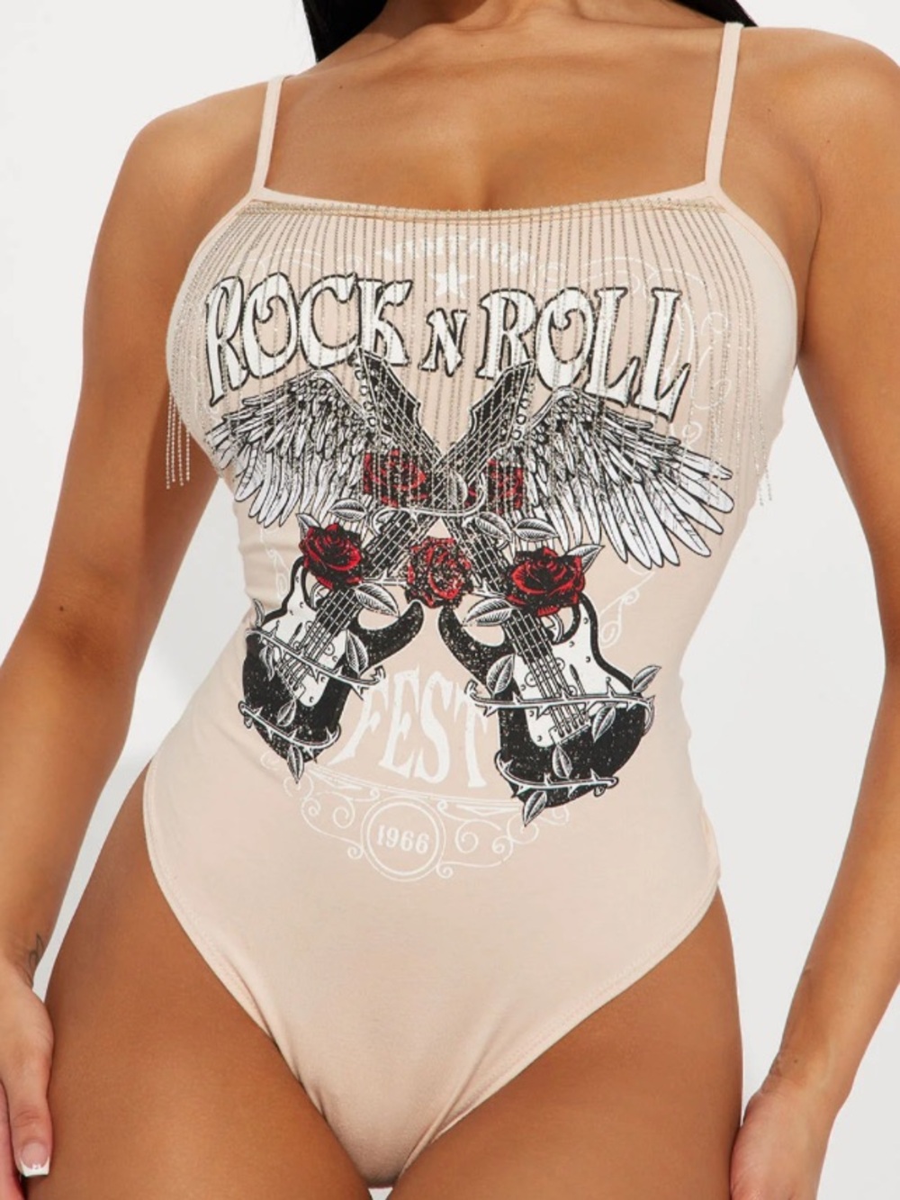 NWT Fashion Nova cream rock and roll fringe Jolie bodysuit size L